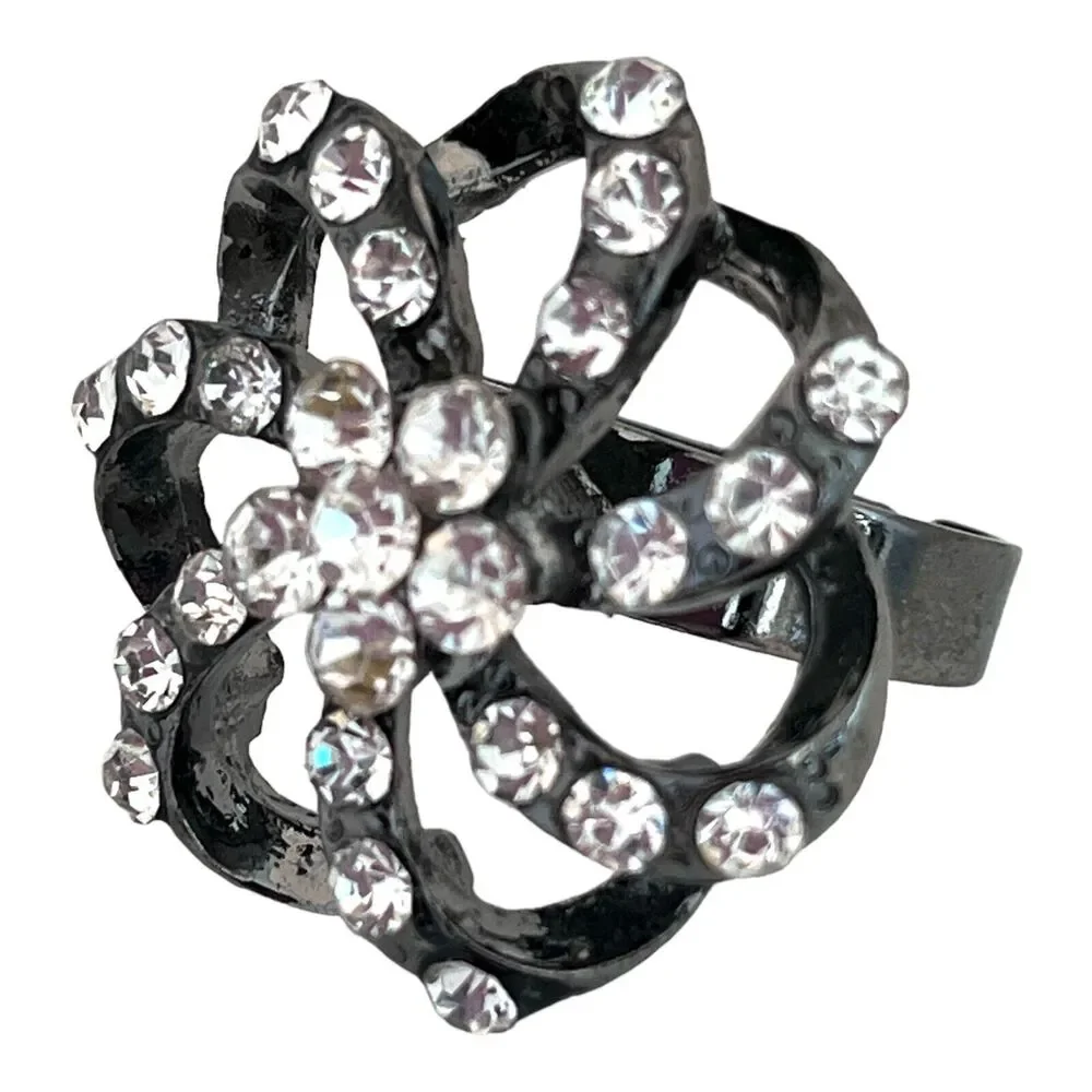 New Statement Ring Clear Crystals Hematite Tone Adjustable - 5W